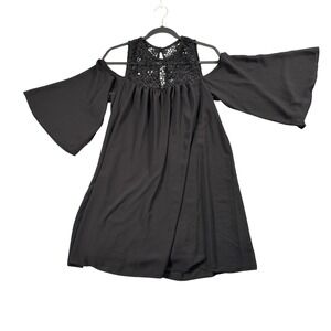 Heartsoul Black Cold Shoulder Mini Dress Crochet Lace Bell Sleeve Boho Fairy L
